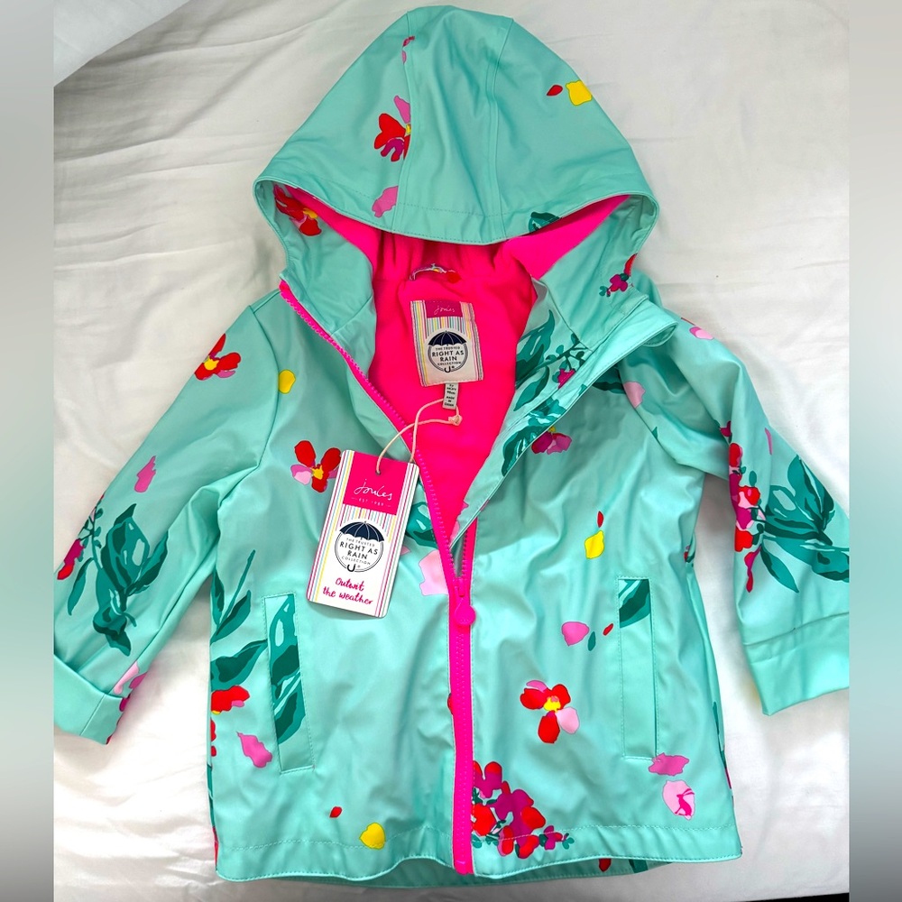 NWT Joules Teal Floral Rain Coat Jacket with Pink Fleece Interior